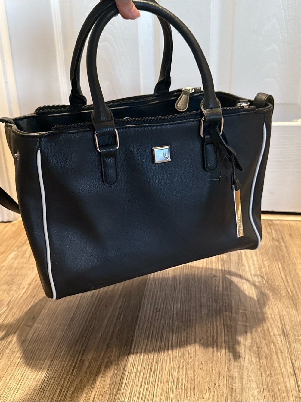 High quality Black Tote Handbag with White Piping